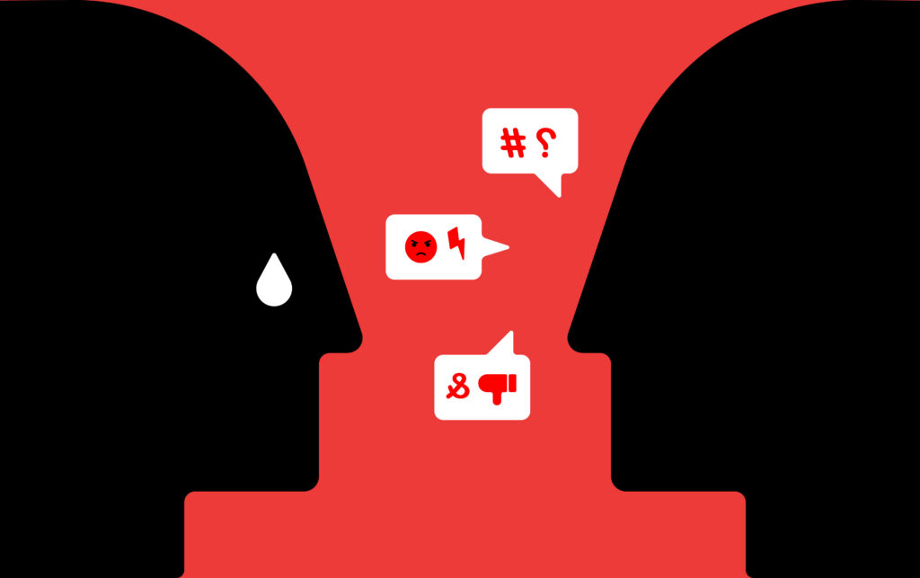 Image of two sihlouettes, one with text bubbles showing negative information and the other with a tear being injured by those comments